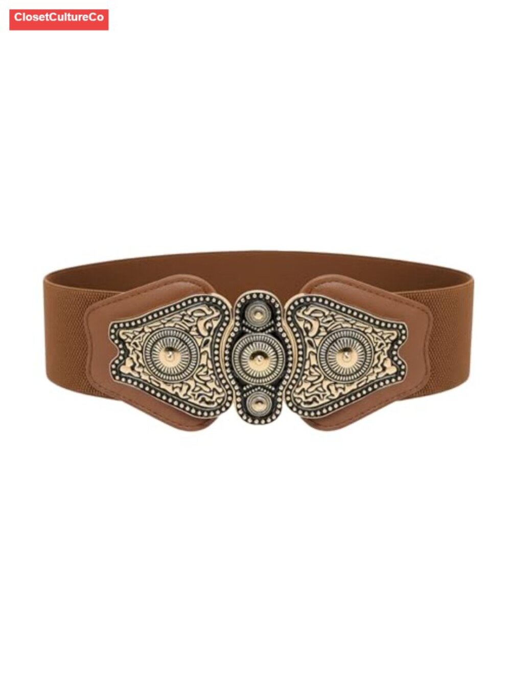 Antique Gold Filigree Buckle Belt Wide Elastic Faux Leather Waist Cinch